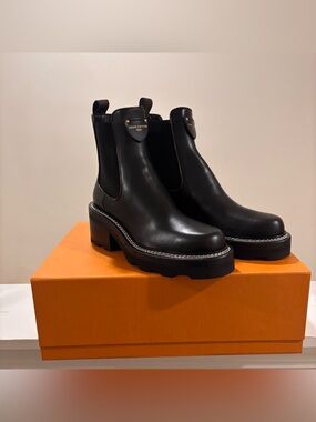 Louis Vuitton Black Leather Lug-Sole Chelsea Booties